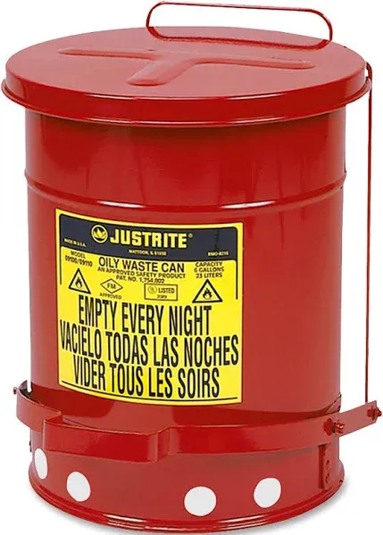 Justrite Red Oily Waste Can, 6 Gal, Foot Operated Cover - 1 Each - 400-09100