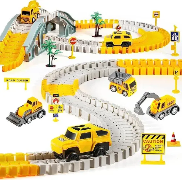 Kizplays 260 Pcs Construction Race Tracks for Kids Toys 2 Electric Cars