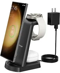 Wireless Charger for Samsung/Android, HOLYJOY Foldable 3 in 1 Fast Charging Station/Stand/Multi Charger for Samsung S24/S23/S22/Note 20, Travel Pad for Galaxy Watch 7/6/5/4/Active 2, for Buds(Black)