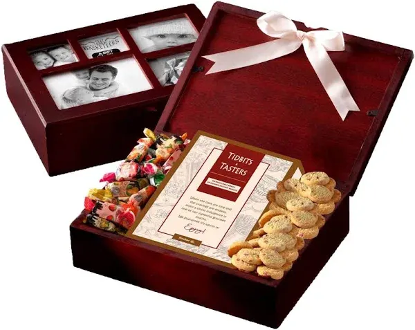 Broadway Basketeers Photo Gift Box with Lid, Gourmet Food, Tea & Cocoa - Cookies and Snacks Care Package for Women, Men, Families, Memory Box for