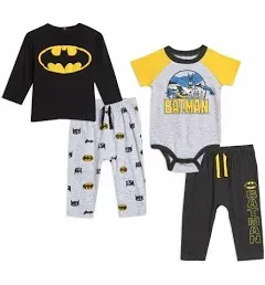 DC Comics Justice League Batman Baby Boys Bodysuit Pullover T-Shirt Pants 4 Piece Layette Set