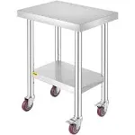 VEVOR 24 x 18 x 34 in. Stainless Steel Food Prep Work Table with 3-Stage Adjustable Shelf & 4 Wheels