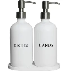 White Glass Hand and Dish Soap Dispenser Set - Modern Farmhouse Sink Accessories - Liquid Soap Dispenser - 16 oz Kitchen Sink Soap Dispenser Set with Tray, Gold Pumps & Funnel