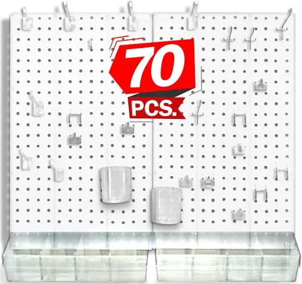 Azar Displays, 900945-WHT, 70 Piece Pegboard Organizer, Wall Mount Peg Board Combination Panel Kit for Bedroom, Craft Room, Study, Office or Garage, Assorted Accessories Hooks and Bins, 27"x22", White