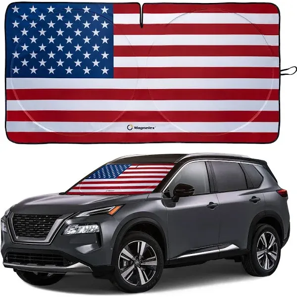 American Flag Windshield Sun Shade, High-Resolution Car Sun Shield with Mirror Cut-Out for Automotive Interior Sun and Heat Protection, Folding Sunshade with Storage Bag - Medium, Black & White