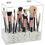 Acrylic Makeup Brush Holder, Clear Cosmetic Brush Storage Box 3 Brush Holders, Makeup Brush Case with Dust Cover, Large-Capacity Split Design for Organize the Vanity Desk (No pearl and brush)