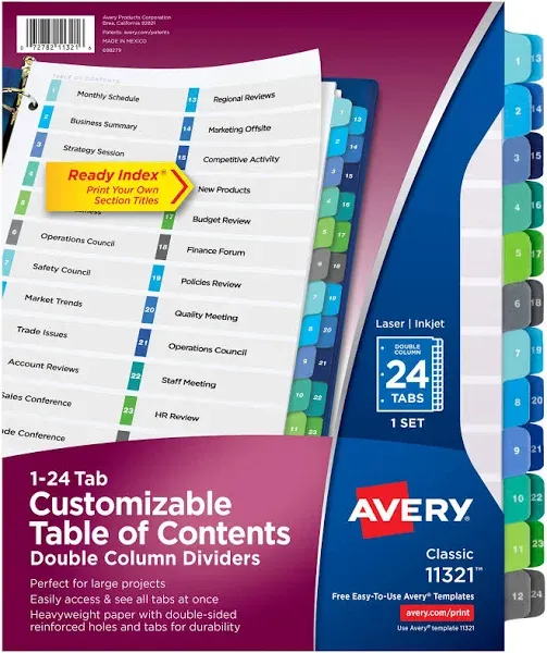 Avery Double Column 24 Tab Dividers for 3 Ring Binders, Customizable Table of Contents, Multicolor Tabs, 1 Set (11321)