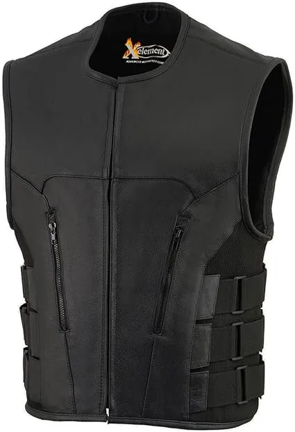 Xelement B95080 Men's ‘Creeper' Black Advanced Triple Strap Design Leather Motorcycle Vest - Small