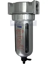 COMPRESSED AIR IN-LINE PARTICULATE FILTER, MOISTURE TRAP, 3/8" NPT PORTS, 88 CFM, 5 MICRON ELEMENT, POLY BOWL