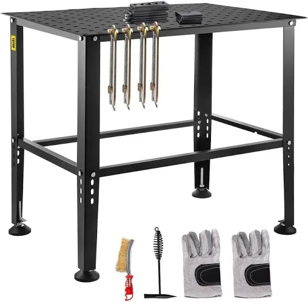 VEVOR Welding Table, 36" x 24" Adjustable Workbench, 0.12" Thick Industrial Workbench, 600lb Load Capacity Metal Workbench, Heavy Duty Carbon Steel Welding Table, Gray Steel Work Table w/Accessories