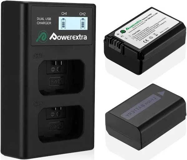 Powerextra 2 Pack Replacement Sony NP-FW50 Battery and Smart LCD Display Dual USB Charger Compatible for Sony ZV-E10, Alpha a6500, a6300, a6000, a7s, a7, a7s ii, a7s, a5100, a5000, a7r, a7 ii Camera