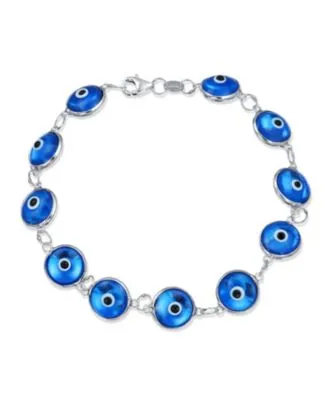 Protection Good Luck Amulet Turkish Translucent Glass Bead Evil Eye Bracelet For Women Sterling Silver Blue 7.5 Inch