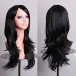 MapofBeauty 28 Inch/70 cm Cosplay Long Wavy Curly Synthetic fiber Side Bangs Anime Fashion Party Hair Wig (Black)