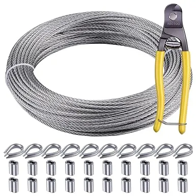 1/8" wire cable, 100ft Wire Rope Metal Cable With Loop Sleeve And Steel Thimble, Outdoor hanging kit, garden fence (SR03-1)