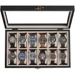 12-Slot Solid Wood Watch Box Ebony Black