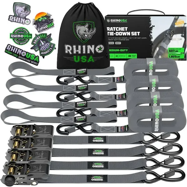 RHINO USA Ratchet Tie down Straps (4PK) - 1,823Lb Guaranteed Max Break Strength,