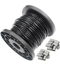 DGOL Soft Black Vinyl Coated 68 ft 304 Stainless Steel Cable Wire Rope 1/8 inch Core Diameter 5/64 inch with 20pcs Sleeves Stops