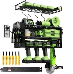 Power Tool Organizer with Charging Station 4 Layers Wall Mount Power Drill Organizer Tools Storage Holder 6AC Outlets Tool Rack Tool Storage Solution for Garage Workshop Organizers