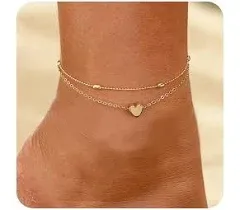 MIDEEO Gold/Silver Ankle Bracelets for Women,14K Gold Anklets for Women Waterproof Cuban Link Heart Beads Herringbone Rhinestone Anklets Set Layered Anklet Bracelets for Women Gold Jewelry Gift