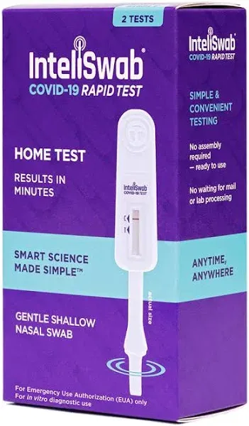 InteliSwab COVID-19 Rapid Test, 1 Pack, 2 Tests Total, Simple to Use at Home, 1 Minute Hands-On Time, FDA EUA Authorized, Designed and Developed in the U.S.A.