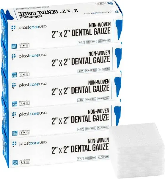 1000 Count Gauze Pads 2x2 - Soft 4-Ply Non Woven Gauze Sponges - Non Sterile Dental Gauze & Esthetic Wipes - All Purpose Medical Gauze Squares for First Aid, Surgical, Wound Dressing (5 Packs of 200)