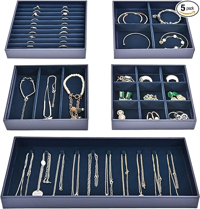 ProCase Jewelry Organizer Jewelry Tray Jewelry Drawer Inserts, Set of 5 Stackable Jewelry Drawer Dividers Container Necklace Display Trays Storage Box for Dresser Earring Rings Bracelet - Darkblue