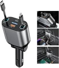 4 in 1 Retractable Car Fast Charger, USB C Lightning Cables Apple Galaxy Google 