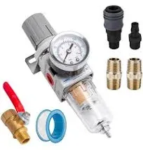 NANPU 1/2" NPT Compressed Air Filter Regulator Combo Piggyback, Auto Drain, 5 Micron Brass Element, Poly Bowl, Metal Bracket, 0-150 psi Gauge