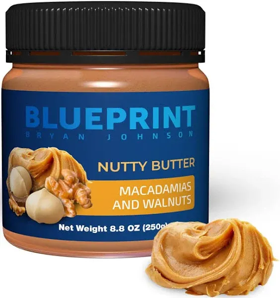 Blueprint Bryan Johnson Nutty Butter - Macadamia Nuts and Walnuts - Just 3 Ingredients - No Palm Oil - Keto and Low Carb Snack - No Added Sugar, Vegan, Non GMO, Keto and Paleo Friendly (8.8 ounces)