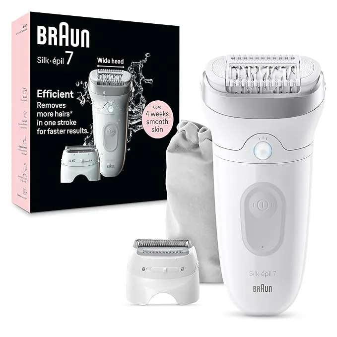 Braun Epilator Silk-épil 7, Hair Removal Device, Women Shaver & Trimmer, Wet and Dry, Wide Head, Includes Shaver Head and Trimmer Comb, SE7-041, Silver