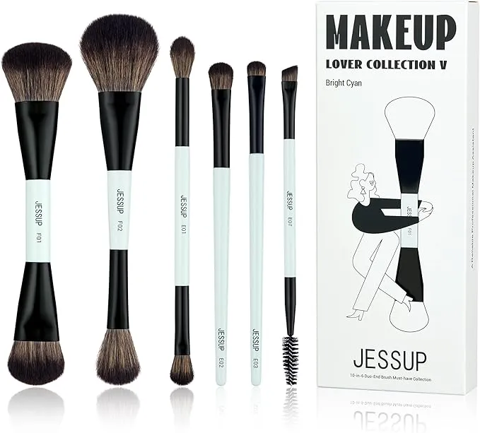 Jessup Makeup Brush Set 6pcs Double Sided Makeup Brushes Foundation Contour Blush Highlight Blending Eyebrow Brush Eyeshadow Brush, Vegan Fiber Make up Brush Bright Cyan T501