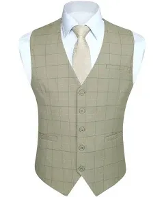 HISDERN Men's Suit Vest Plaid Dress Vest for Men Slim Fit Formal Business Waistcoat Tuxedo V-Ncek Solid Vest for Wedding