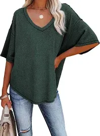 Dokotoo Women's Causual V Neck Short Sleeve Waffle Knit Loose Tunic