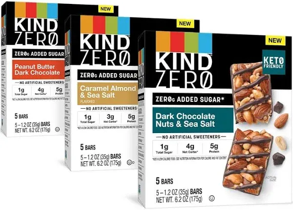 Kind Zero Added Sugar Bars Keto Friendly Snacks Variety Pack 6.2oz Box (15 Bars)