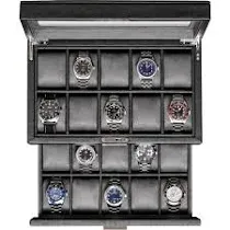 ROTHWELL 20 Slot Leather Watch box - Luxury Watch Case Display Jewelry Organizer, Locking Watch Display Case Holder with Large Real Glass Top - Watch Box Organizer for Men and Women (Black/Grey)