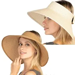 Women Sun Visors Foldable Straw Hats Summer Beach Packable Hat Floppy Wide Brim Cap Deep Style, Adjustable Size