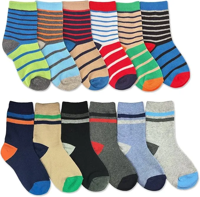 Jefferies Socks Boys Multicolored Stripe Fashion Variety Crew Socks 12 Pair Pack