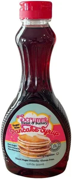 Scrummy Sweet & Buttery Sugar Free Pancake Syrup - Zero Sugar, 0g Net Carbs, Diabetic Friendly, Keto Certfied Breakfast Syrup for Pancakes, Waffles & Chaffles, No Sugar Alcohols, Vegan, Kosher, Gluten Free, Non-GMO Allulose & Organic Flavors - 12 Fl Oz Bo