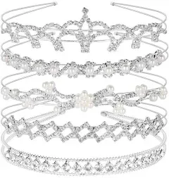 Teenitor 5Pcs Crystal Headband Set, Jewelry Rhinestone Women Girl Hair Style Accessories Wedding Party Tiara Headdress- Silver Tiara for Little Girls