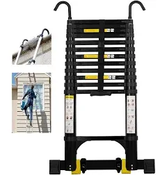 Telescoping Ladder Aluminum Portable Extension Ladder w/Hooks, 16.5FT Black