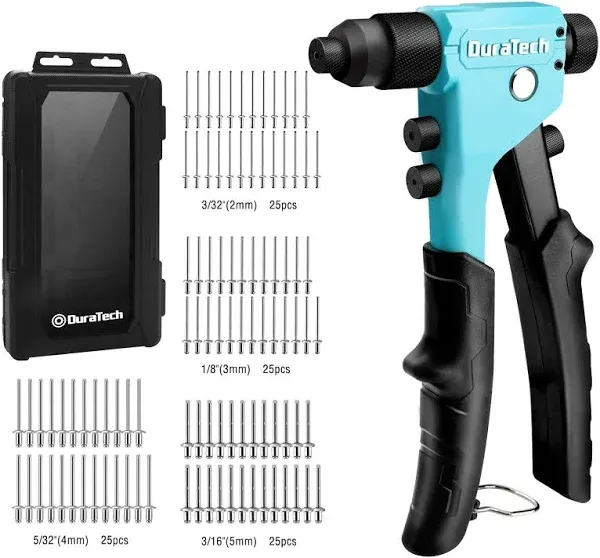 DURATECH 4-in-1 Rivet Gun, Pop Rivet Tool Kit with 100 Rivets - 3/32", 1/8", 5/32", 3/16", Heavy Duty Hand Riveter with 4 Interchangeable Nosepieces for Metal, Plastic, Leather