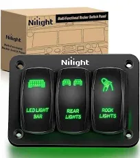 Nilight 3 Gang Rocker Switch Panel Aluminum 5 Pin ON Off Toggle Switch Panel LED Light Bar Switch SPST 12V-24V Green Switches for Marine Boats,Cars,ATVs,UTVs