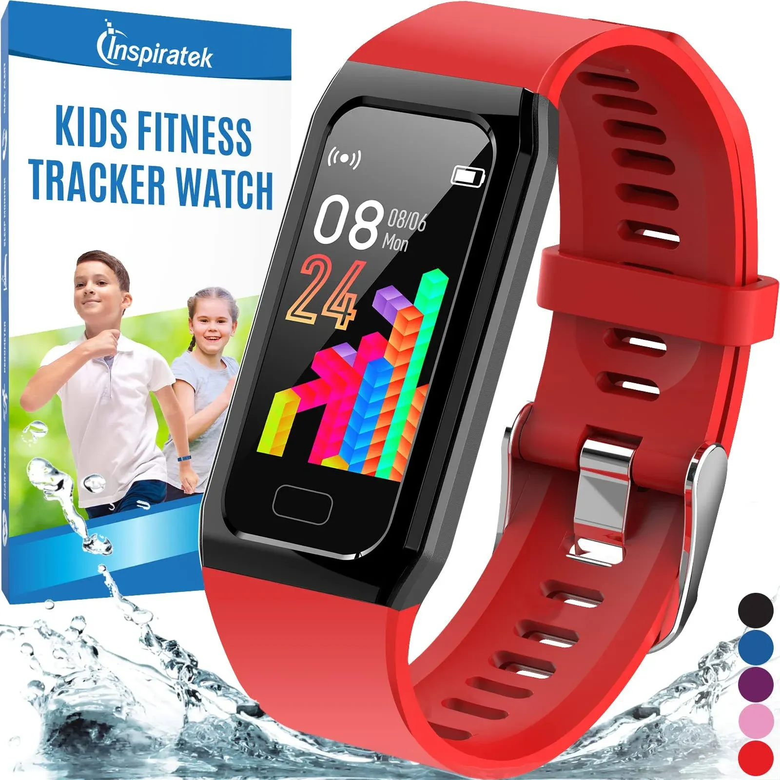 Inspiratek Kids Fitness Tracker for Girls and Boys Age 5-16 (4 Color)- Waterproof Fitness Watch for Kids with Heart Rate Monitor, Sleep Monitor, Calorie Counter and More - Kids Activity Tracker