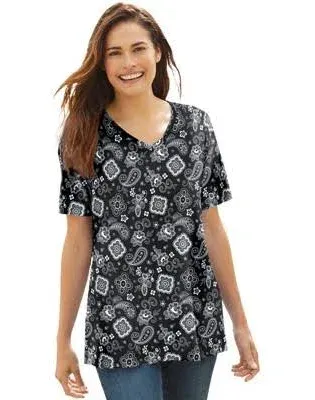 Woman Within Plus Size Women's Perfect Printed Short-Sleeve V-Neck Tee