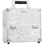 FRENESSA Makeup Train Case Portable Cosmetic Box Organizer 4 Trays Aluminum Makeup Case Storage with Divider Lockable for Makeup Artist, Crafter, Makeup Tools Elagant Silver Rose