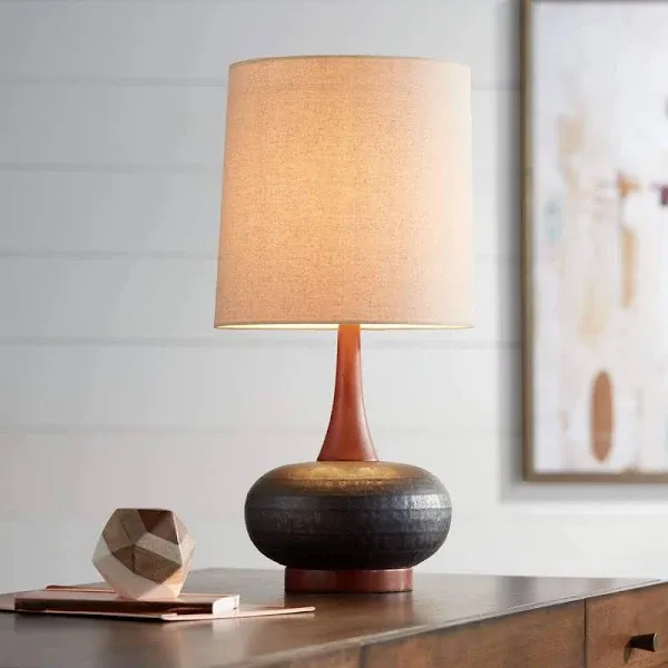 Andi Mid Century Modern Table Lamp 24.5&#034; High Hammered Bronze Ceramic Wood Off W