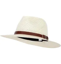 Men's Paper Braid Leatherette Buckle Trim Large Brim Fedora Hat