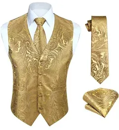 HISDERN 3PC Men's Paisley Floral Jacquard Suit Vest & Necktie and Pocket Square Formal Waistcoat for Tuxedo Wedding Party