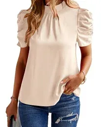 Women&#x27;s Summer Boho Shirt Top Ruffle Short Sleeve Frill Trim Mock Neck Floral. M