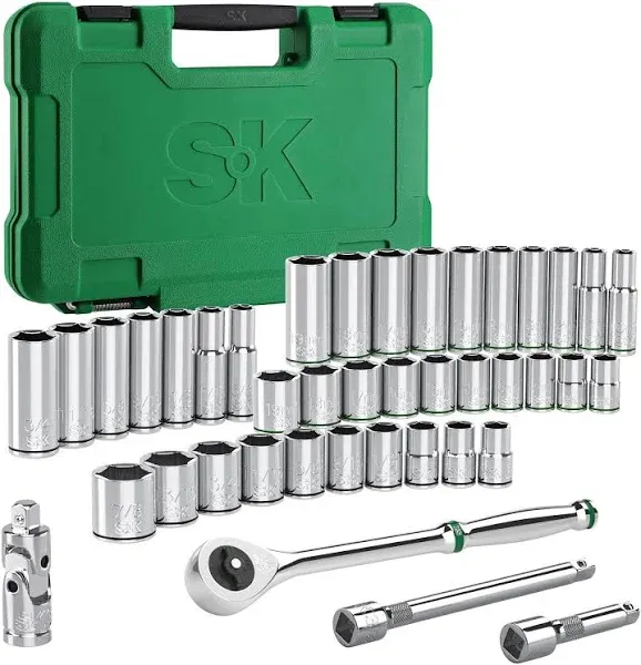 SK 3/8" Drive Socket Set with 216-P Quick-Release Ratchet, 41-Piece, SAE & Metric, SuperKrome Finish, Premium CR-V Construction, with Storage Suitcase